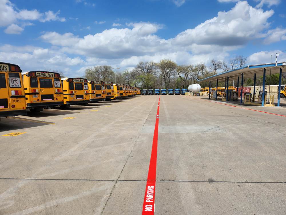 Fire lane striping at a school bus depot